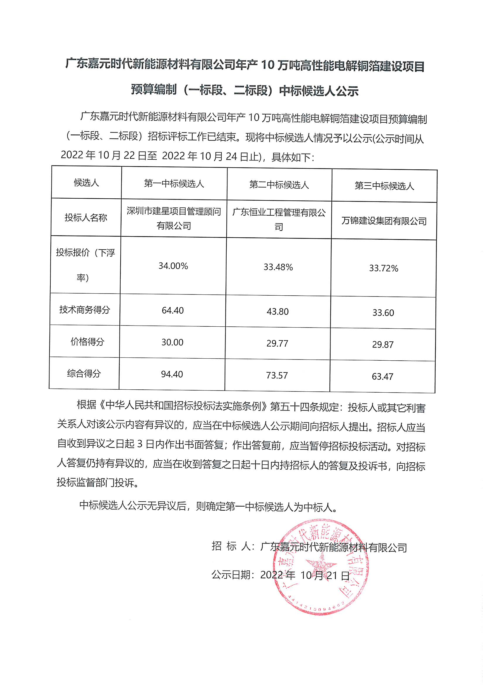 广东Stake官网时期新能源资料有限公司年产10万吨高机能电解铜箔建设项目预算假造（一标段、二标段）中标候选人公示_00.png